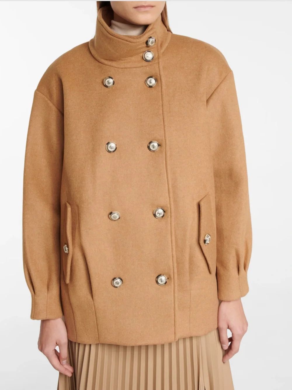 New Veronica Beard Cassie Pleated Wool Jacket Camel Peacoat Large